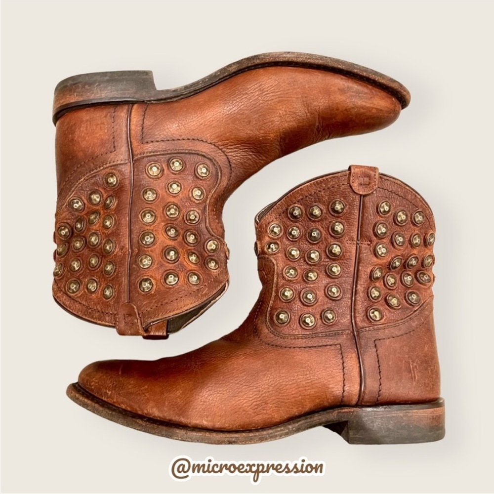 Frye Wyatt Disc Leather Brown Cowboy Metal Moto Vintage Distressed Ankle Boot - Picture 9 of 9